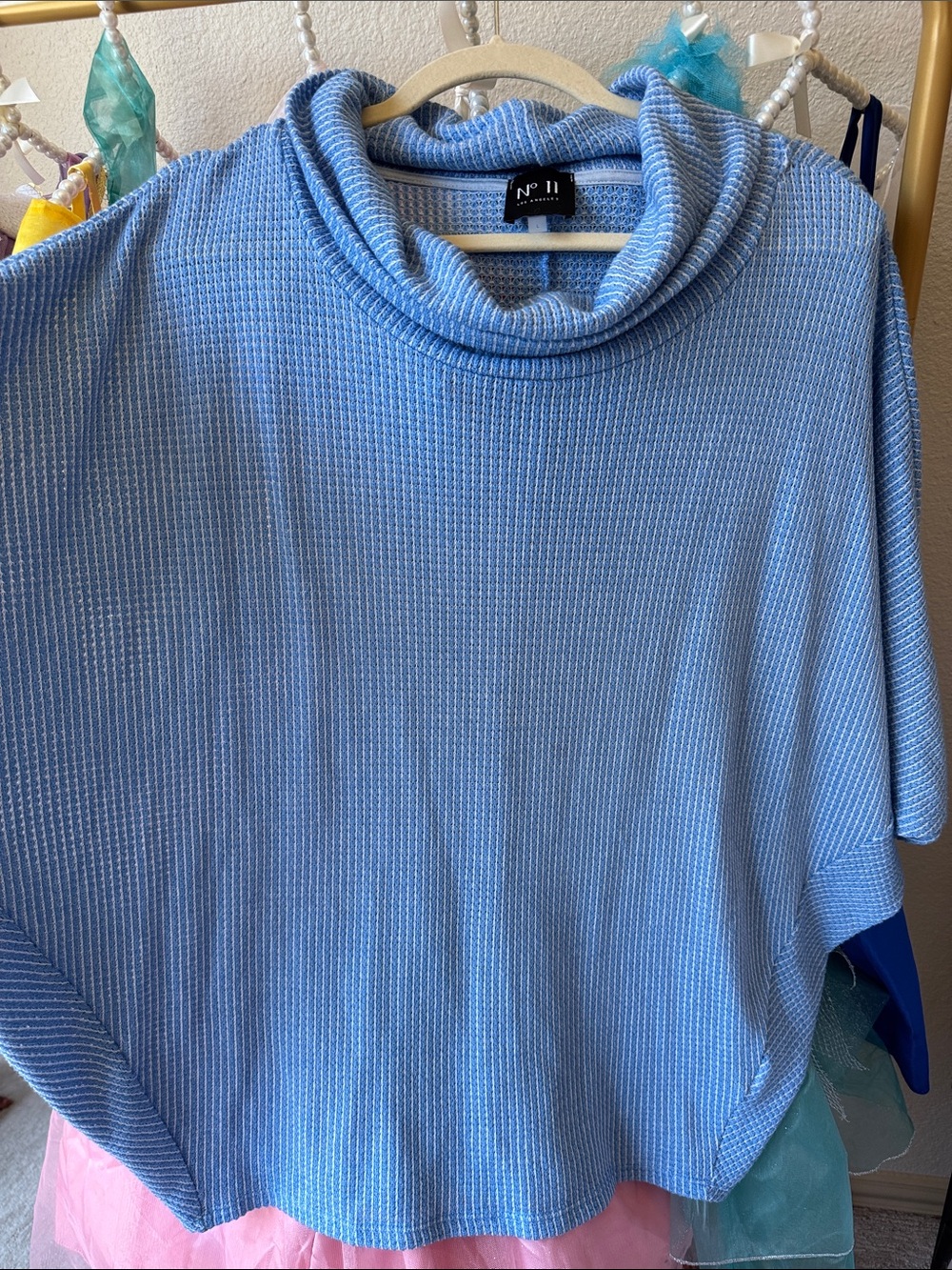 Light Blue Ribbed Cowl Neck Women's Top